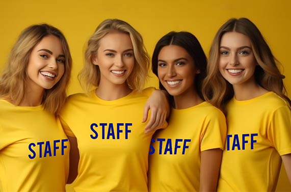 Chicas luciendo camisetas personalizadas con el distintivo 'STAFF