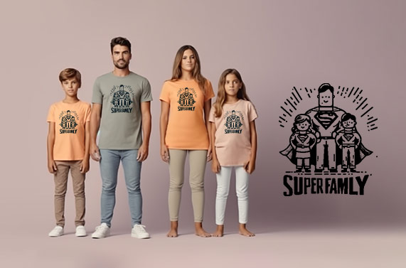 Familia luciendo camisetas con el lema 'Super Family' para un evento familiar