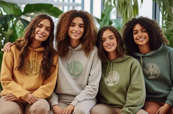 Cuatro chicas luciendo sudaderas personalizadas para grupos en un ambiente relajado