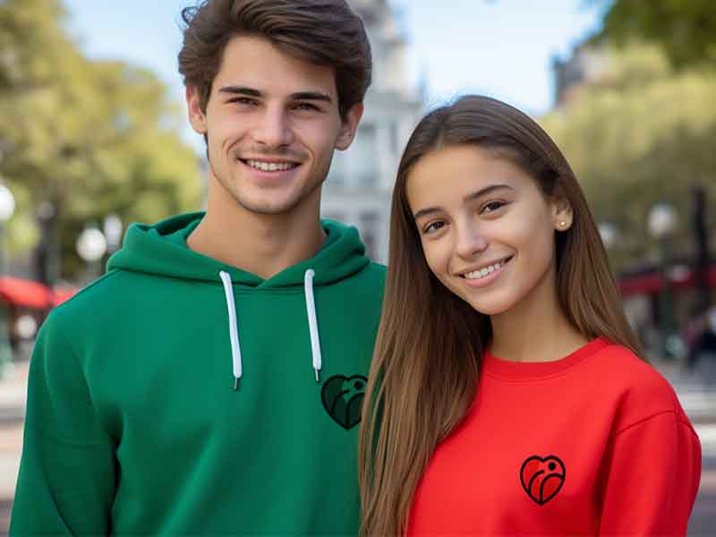 Un chico y una chica jóvenes mostrando con alegría sus sudaderas personalizadas con iniciales, reflejando su personalidad y estilo únicos